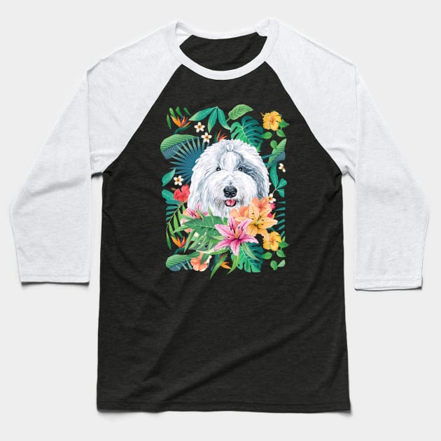 Tropical Old English Sheepdog Baseball T-Shirt by LulululuPainting